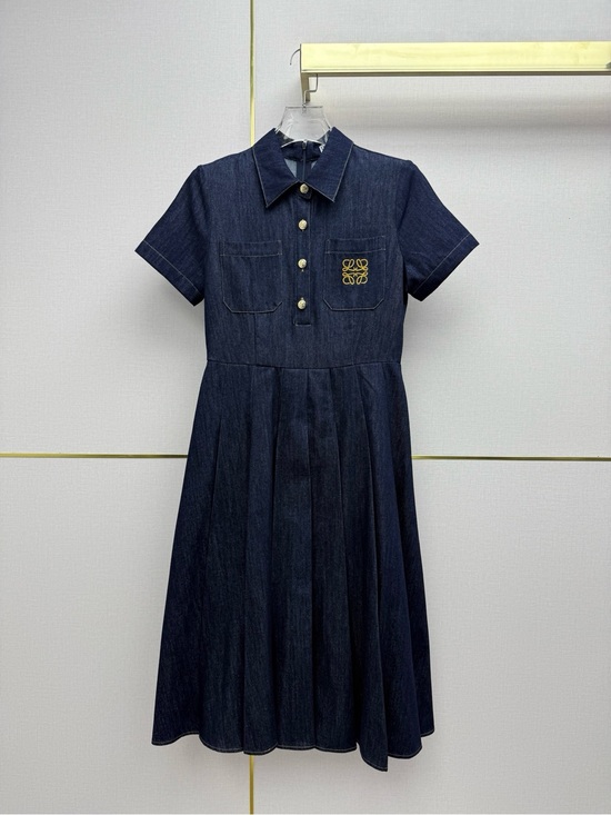 Loewe Dresses & Skirts - Loewe Dark Blue Denim Short-Sleeve Pleated Midi Dress with Gold Buttons